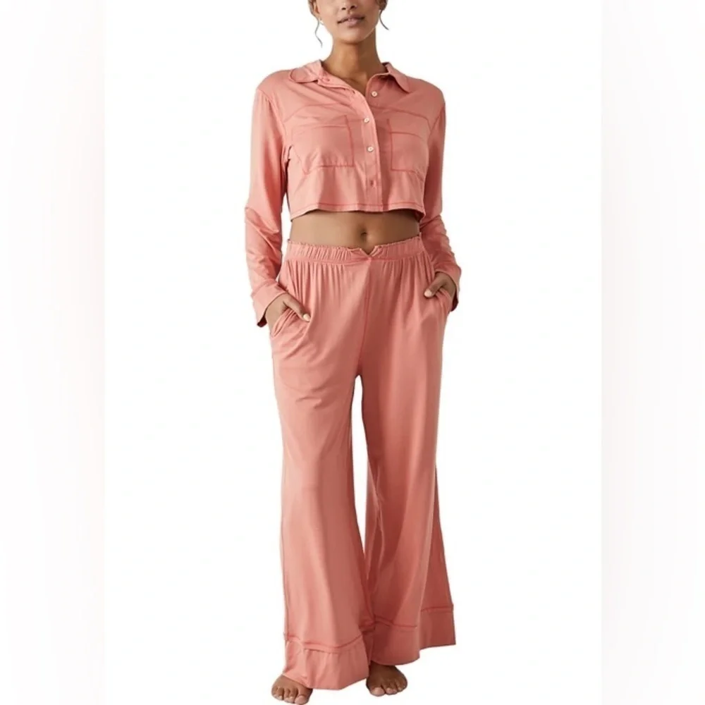 Free People Essential Knit Pajamas in the color Lipgloss (Peach) NWT - Picture 1 of 16